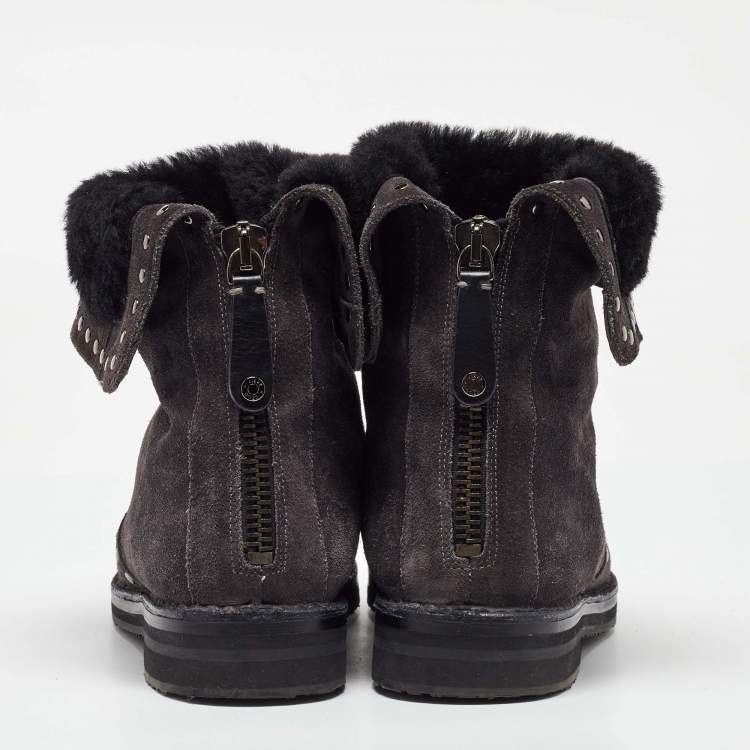 Pre Owned Jimmy Choo Dark Grey Suede Studded Ankle Snow Boots Size 38.5