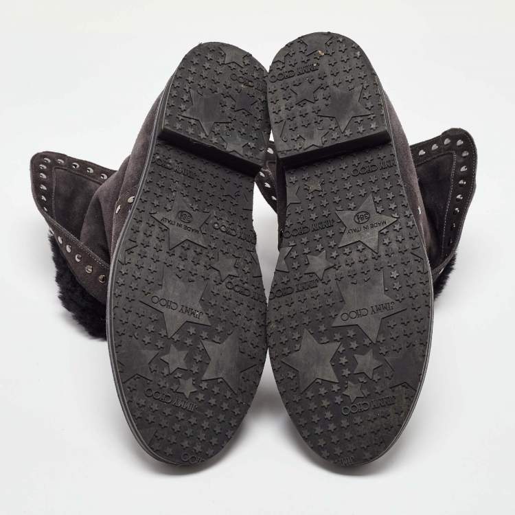 Pre Owned Jimmy Choo Dark Grey Suede Studded Ankle Snow Boots Size 38.5