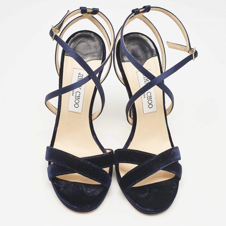 Pre Owned Jimmy Choo Navy Blue Satin and Velvet Lola Ankle Strap Sandals Size 40