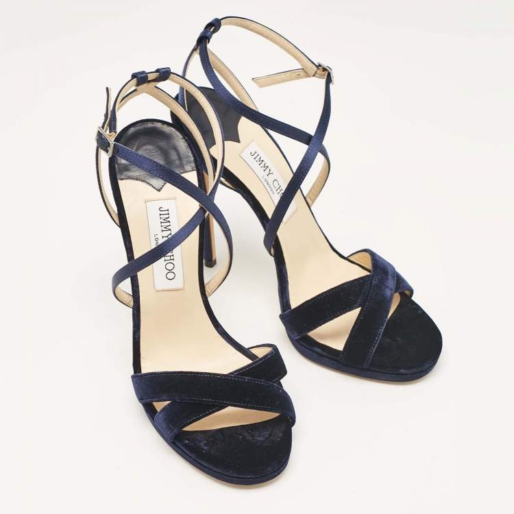 Pre Owned Jimmy Choo Navy Blue Satin and Velvet Lola Ankle Strap Sandals Size 40