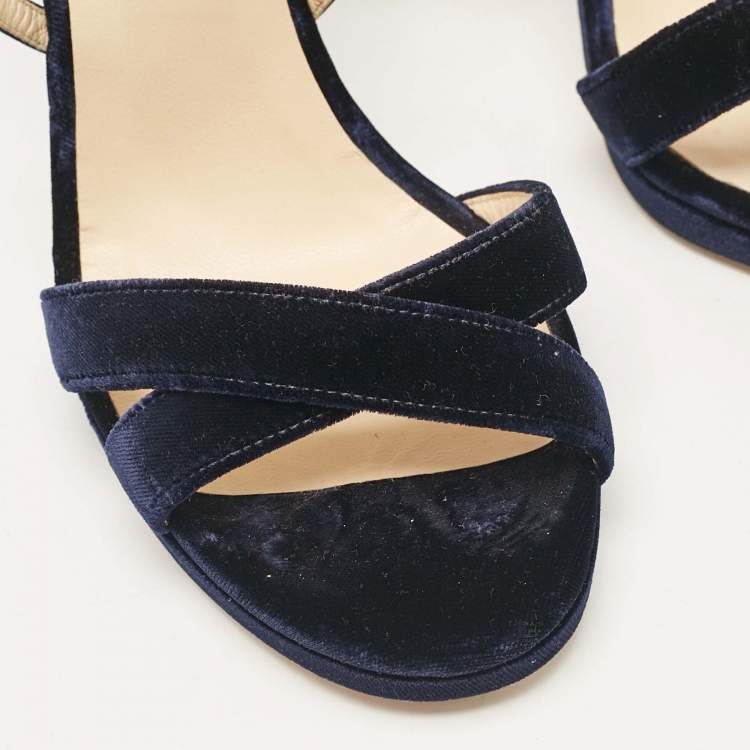 Pre Owned Jimmy Choo Navy Blue Satin and Velvet Lola Ankle Strap Sandals Size 40