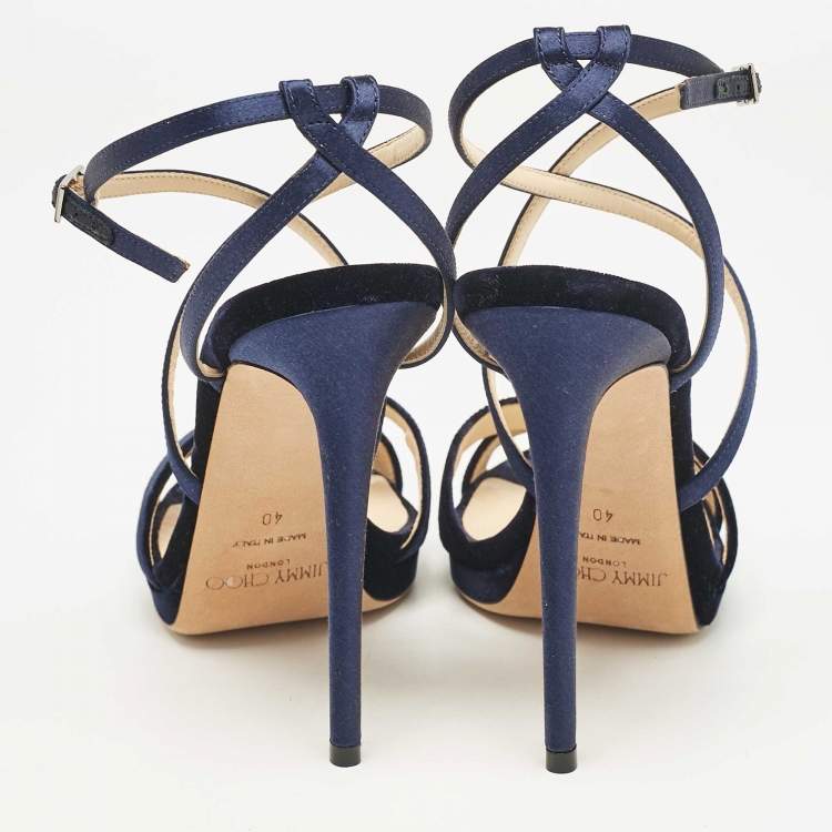 Pre Owned Jimmy Choo Navy Blue Satin and Velvet Lola Ankle Strap Sandals Size 40