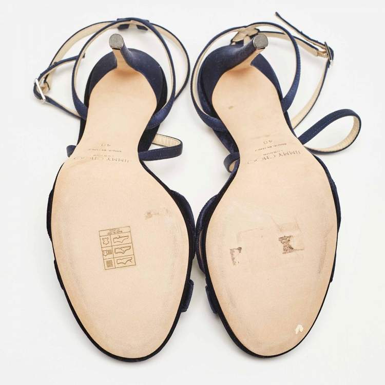 Pre Owned Jimmy Choo Navy Blue Satin and Velvet Lola Ankle Strap Sandals Size 40