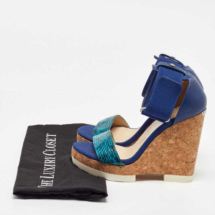 Pre Owned Jimmy Choo Blue Python and Leather Neston Cork Platform Wedge Sandals Size 38