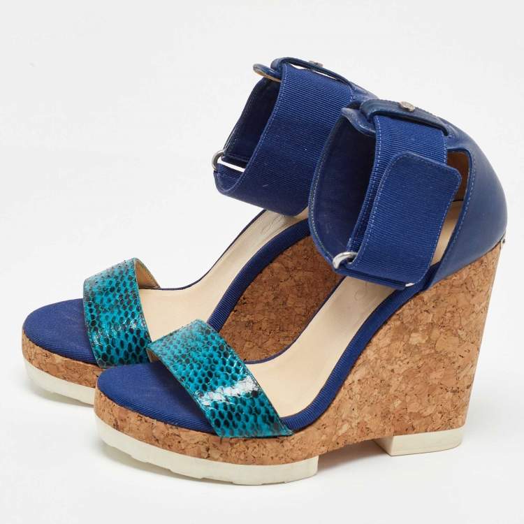 Pre Owned Jimmy Choo Blue Python and Leather Neston Cork Platform Wedge Sandals Size 38