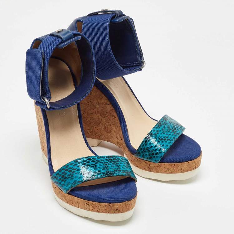 Pre Owned Jimmy Choo Blue Python and Leather Neston Cork Platform Wedge Sandals Size 38