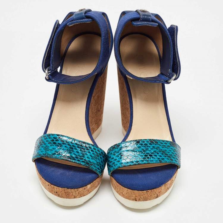 Pre Owned Jimmy Choo Blue Python and Leather Neston Cork Platform Wedge Sandals Size 38