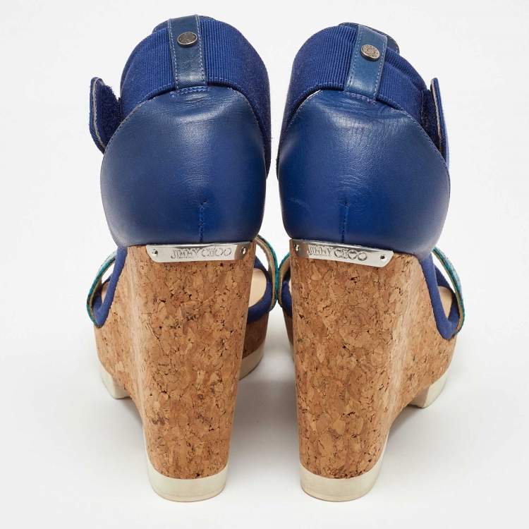 Pre Owned Jimmy Choo Blue Python and Leather Neston Cork Platform Wedge Sandals Size 38