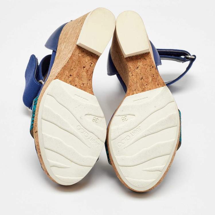 Pre Owned Jimmy Choo Blue Python and Leather Neston Cork Platform Wedge Sandals Size 38