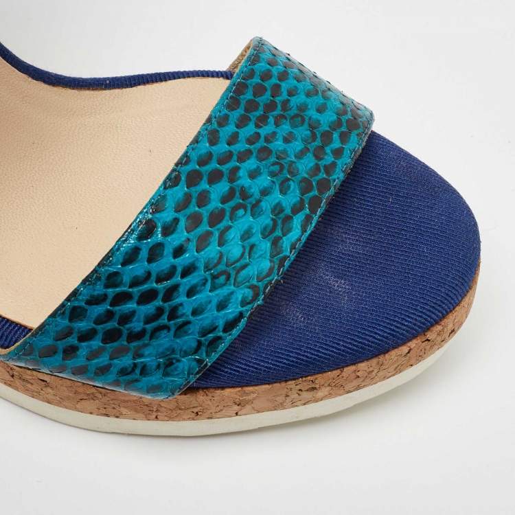 Pre Owned Jimmy Choo Blue Python and Leather Neston Cork Platform Wedge Sandals Size 38