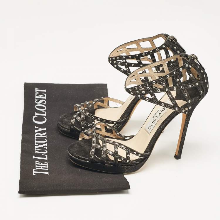 Pre Owned Jimmy Choo Black Suede Crystal Embellished Cut Out Strappy Sandals Size 35.5