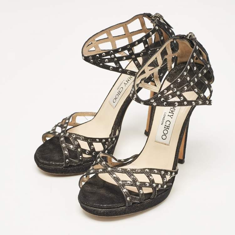 Pre Owned Jimmy Choo Black Suede Crystal Embellished Cut Out Strappy Sandals Size 35.5
