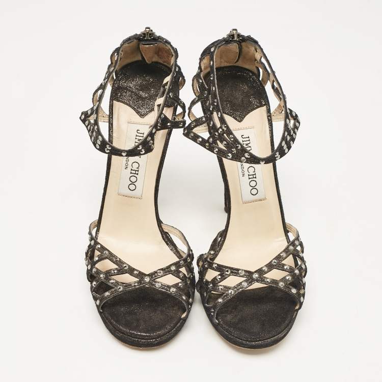 Pre Owned Jimmy Choo Black Suede Crystal Embellished Cut Out Strappy Sandals Size 35.5