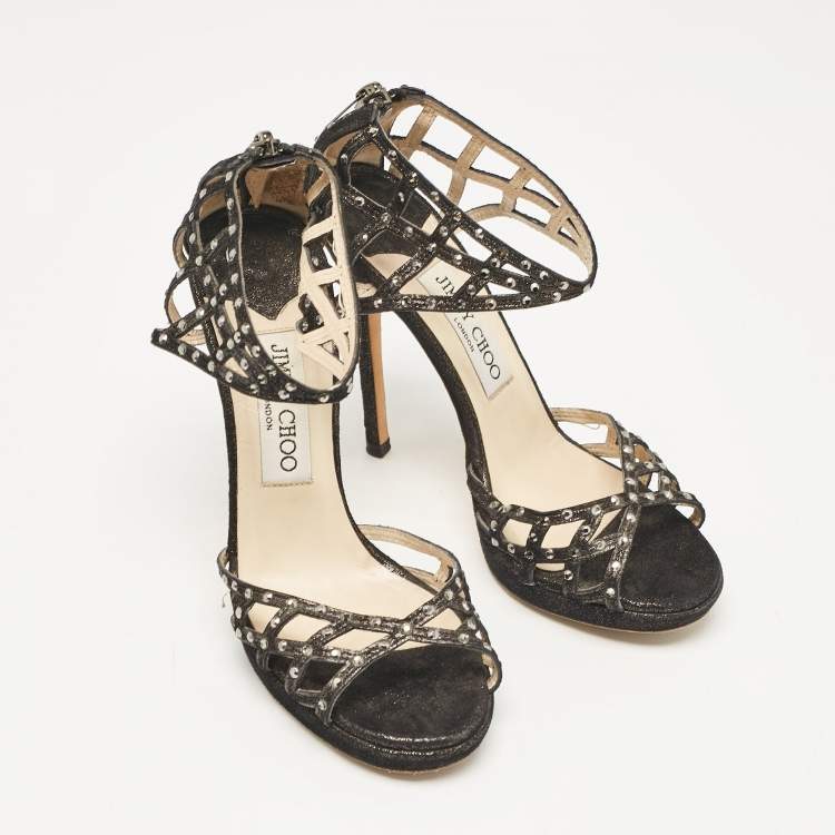 Pre Owned Jimmy Choo Black Suede Crystal Embellished Cut Out Strappy Sandals Size 35.5