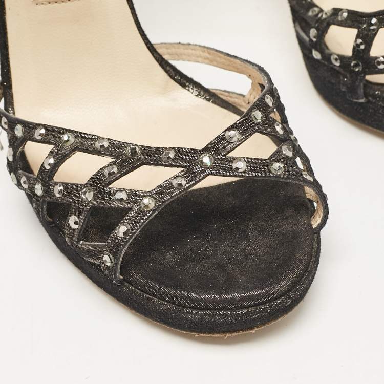 Pre Owned Jimmy Choo Black Suede Crystal Embellished Cut Out Strappy Sandals Size 35.5