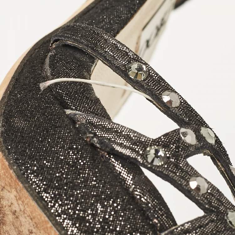 Pre Owned Jimmy Choo Black Suede Crystal Embellished Cut Out Strappy Sandals Size 35.5