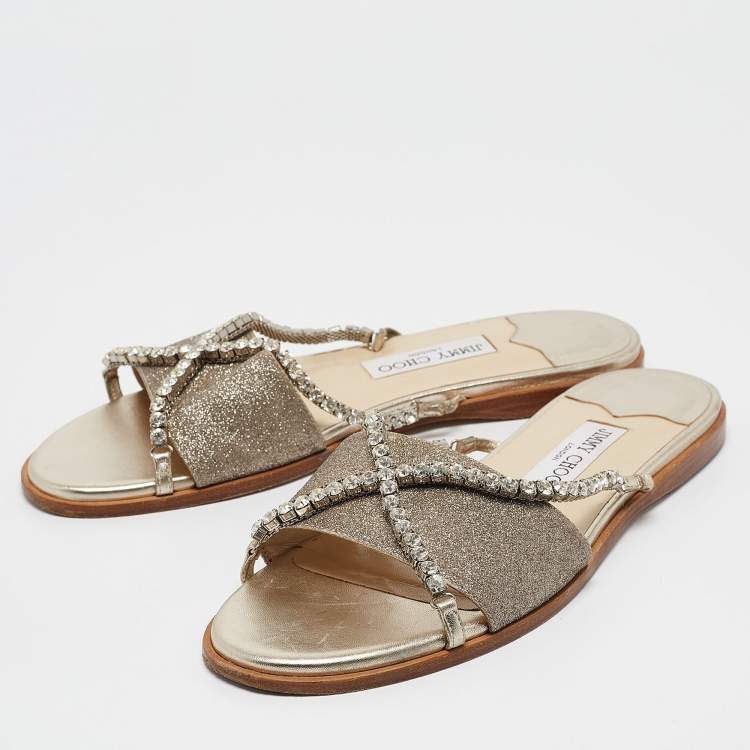 Pre Owned Jimmy Choo Metallic Glitter Crystal Embellished Aadi Slides Size 41