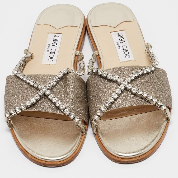 Pre Owned Jimmy Choo Metallic Glitter Crystal Embellished Aadi Slides Size 41