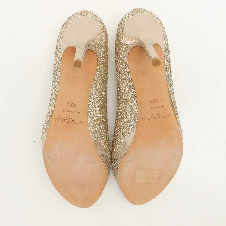 Pre Owned Jimmy Choo Metallic Gold Glitter Dahlia Platform Peep Toe Pumps Size 38.5