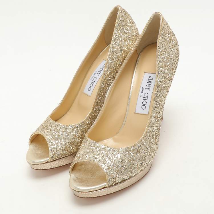 Pre Owned Jimmy Choo Metallic Gold Glitter Dahlia Platform Peep Toe Pumps Size 38.5