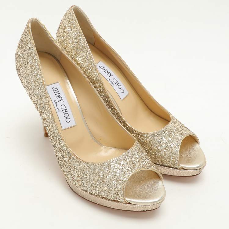 Pre Owned Jimmy Choo Metallic Gold Glitter Dahlia Platform Peep Toe Pumps Size 38.5