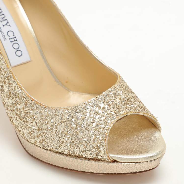 Pre Owned Jimmy Choo Metallic Gold Glitter Dahlia Platform Peep Toe Pumps Size 38.5
