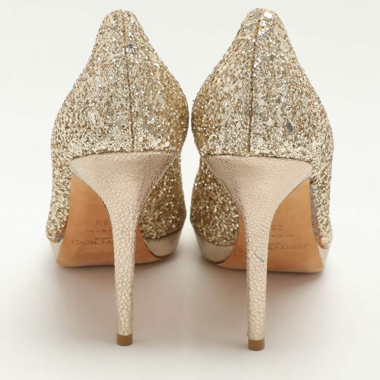 Pre Owned Jimmy Choo Metallic Gold Glitter Dahlia Platform Peep Toe Pumps Size 38.5