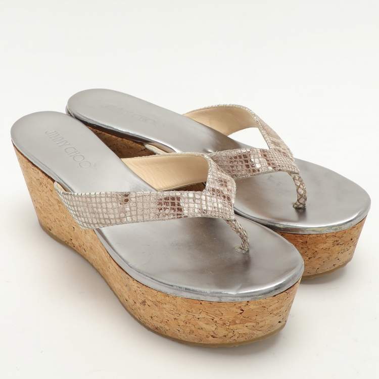 Pre Owned Jimmy Choo Beige Python Texture Suede Paque Cork Platform Thong Sandals Size 41