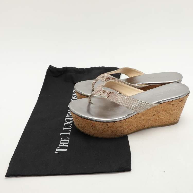 Pre Owned Jimmy Choo Beige Python Texture Suede Paque Cork Platform Thong Sandals Size 41