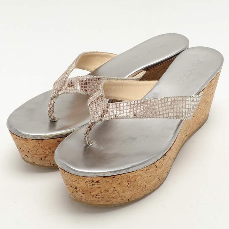 Pre Owned Jimmy Choo Beige Python Texture Suede Paque Cork Platform Thong Sandals Size 41