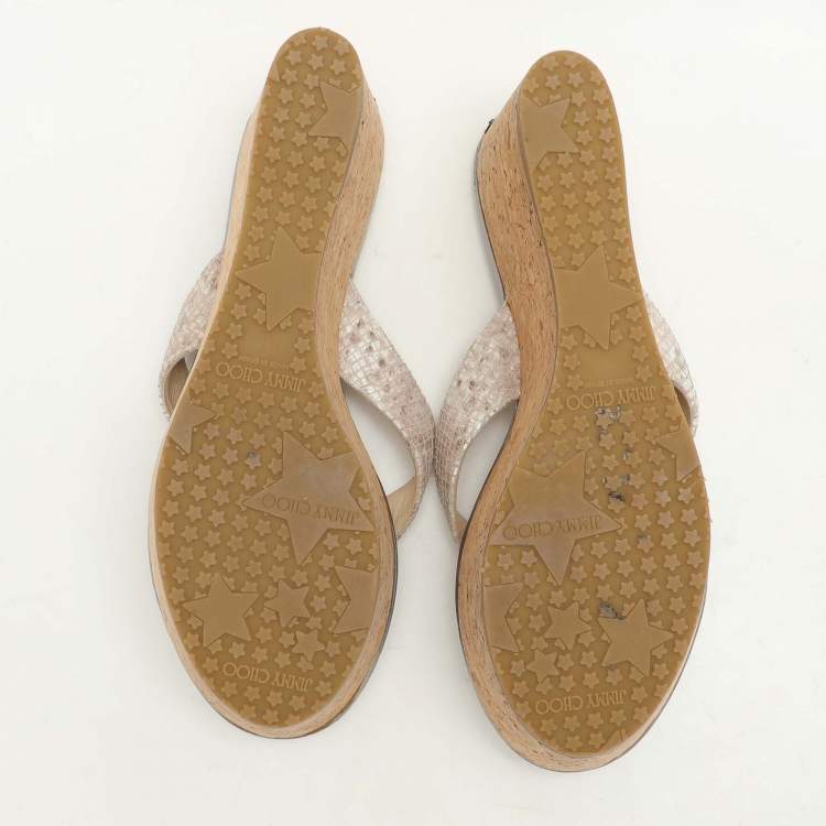 Pre Owned Jimmy Choo Beige Python Texture Suede Paque Cork Platform Thong Sandals Size 41