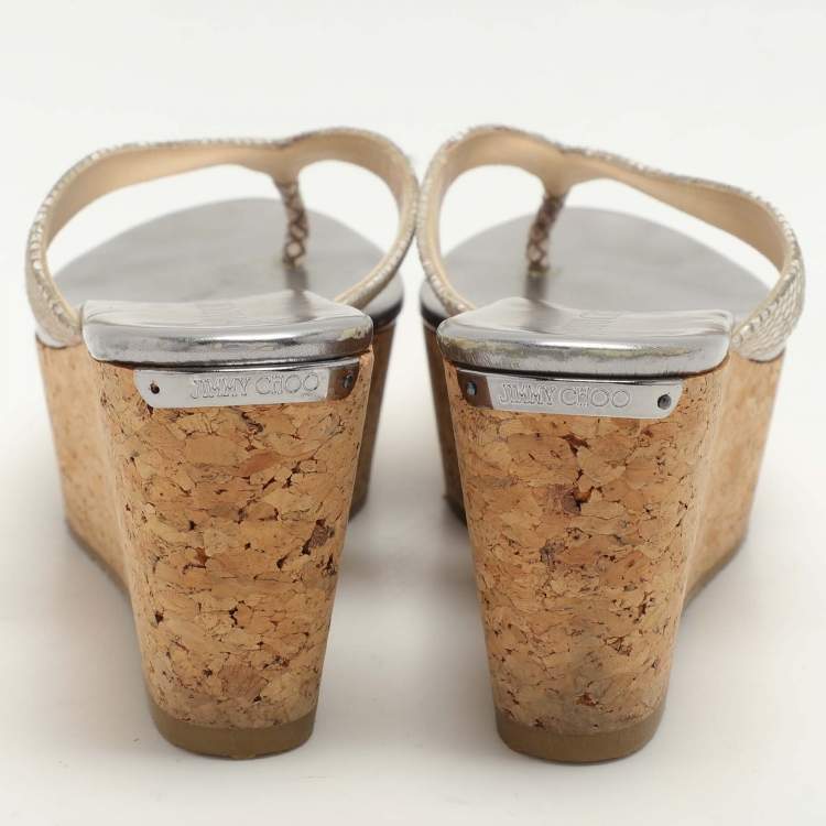 Pre Owned Jimmy Choo Beige Python Texture Suede Paque Cork Platform Thong Sandals Size 41