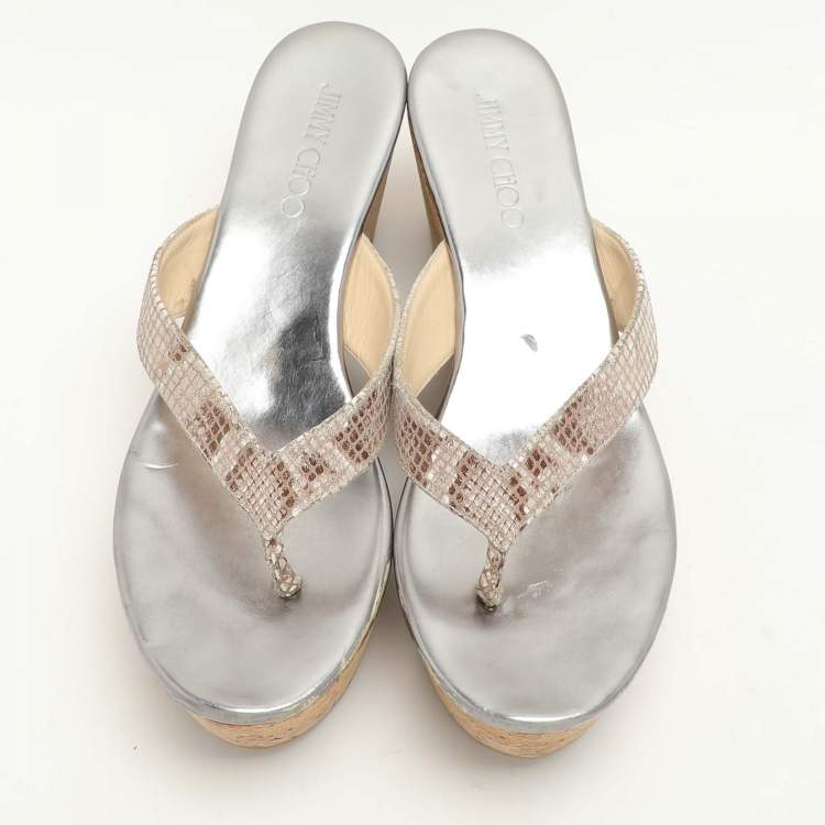 Pre Owned Jimmy Choo Beige Python Texture Suede Paque Cork Platform Thong Sandals Size 41