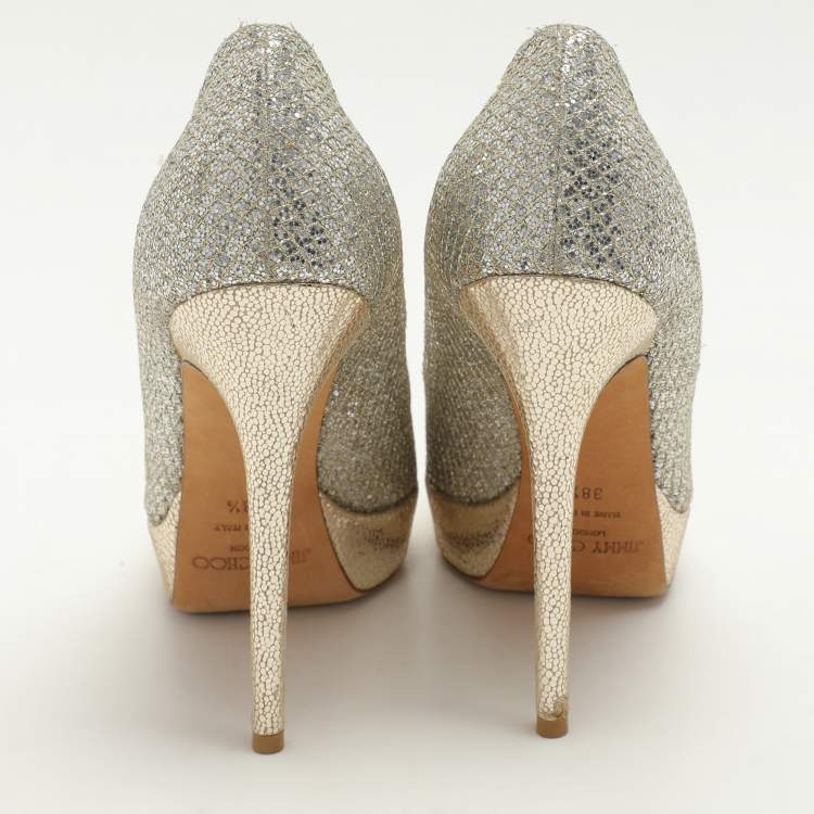 Pre Owned Jimmy Choo Gold Glitter Luna Platform Pumps Size 38.5