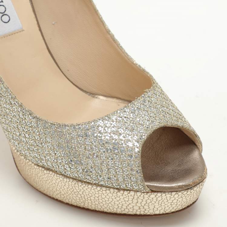Pre Owned Jimmy Choo Gold Glitter Luna Platform Pumps Size 38.5