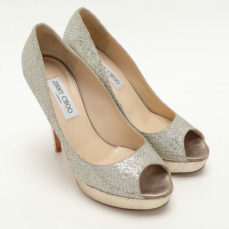 Pre Owned Jimmy Choo Gold Glitter Luna Platform Pumps Size 38.5