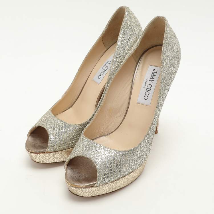 Pre Owned Jimmy Choo Gold Glitter Luna Platform Pumps Size 38.5