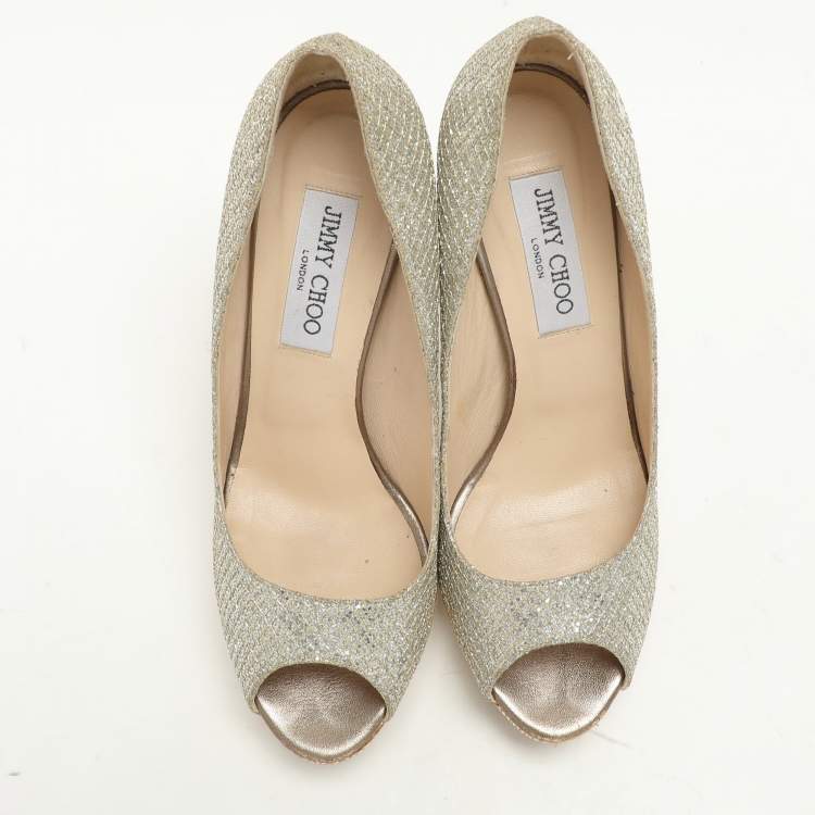 Pre Owned Jimmy Choo Gold Glitter Luna Platform Pumps Size 38.5