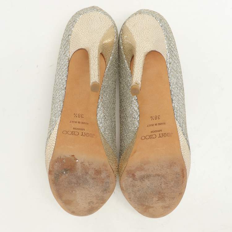 Pre Owned Jimmy Choo Gold Glitter Luna Platform Pumps Size 38.5
