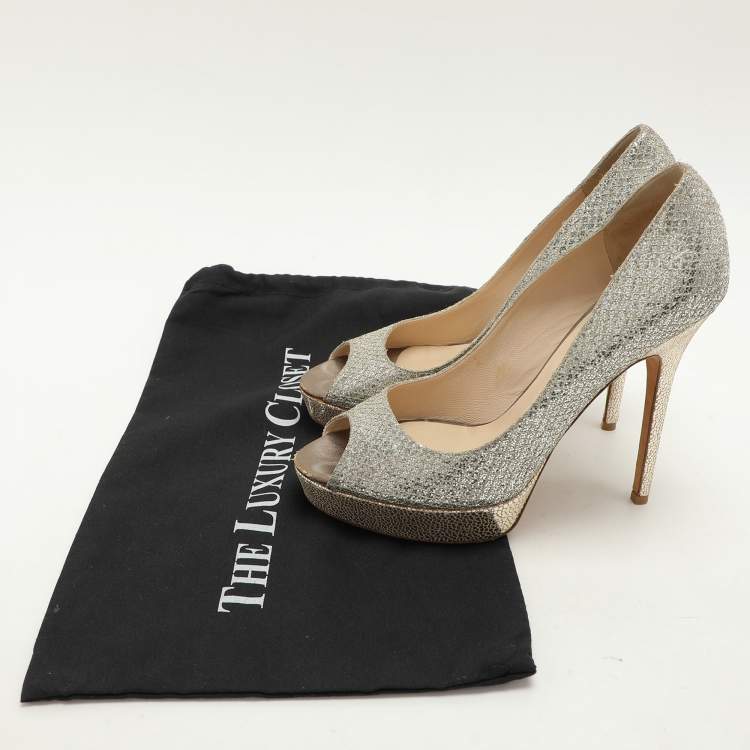 Pre Owned Jimmy Choo Gold Glitter Luna Platform Pumps Size 38.5