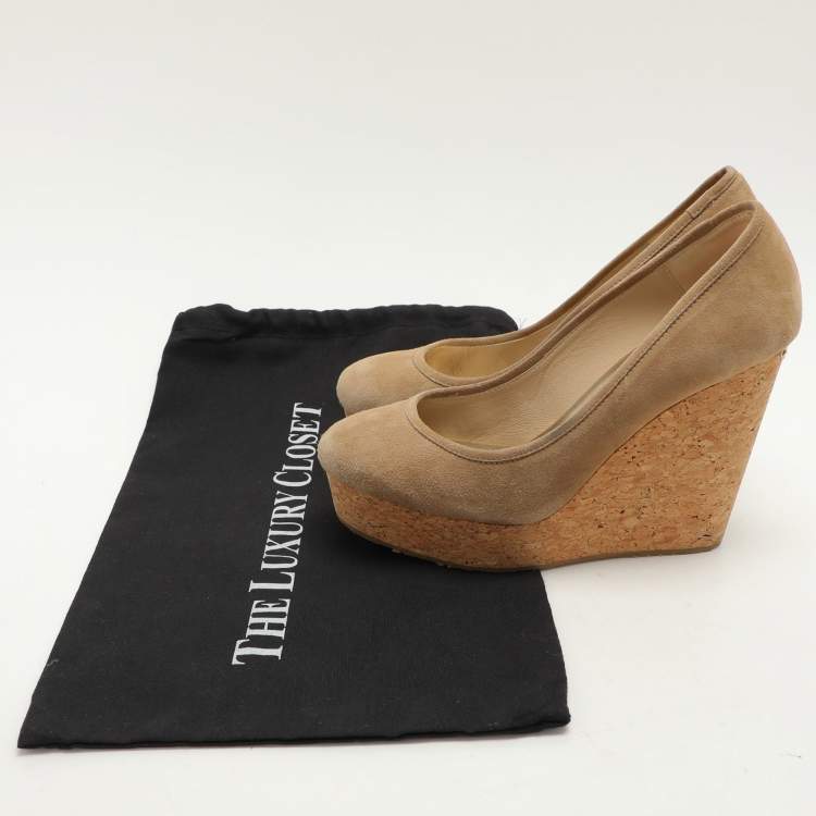 Pre Owned Jimmy Choo Beige Suede And Cork Wedge Platform Pumps Size 39