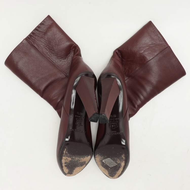 Pre Owned Jimmy Choo Burgundy Leather Ankle Length Boots Size 37.5