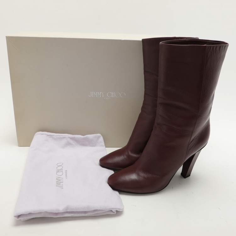 Pre Owned Jimmy Choo Burgundy Leather Ankle Length Boots Size 37.5
