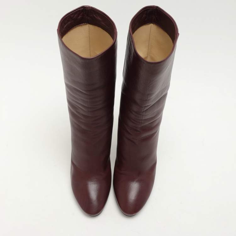 Pre Owned Jimmy Choo Burgundy Leather Ankle Length Boots Size 37.5