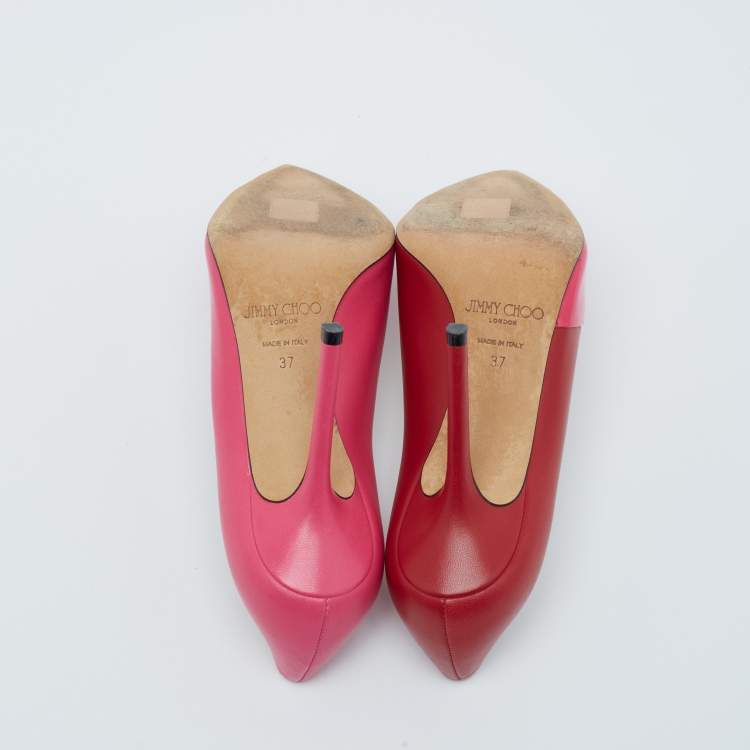 Pre Owned Jimmy Choo Pink/Red Patent and Leather Asymmetric Love Pumps Size 37