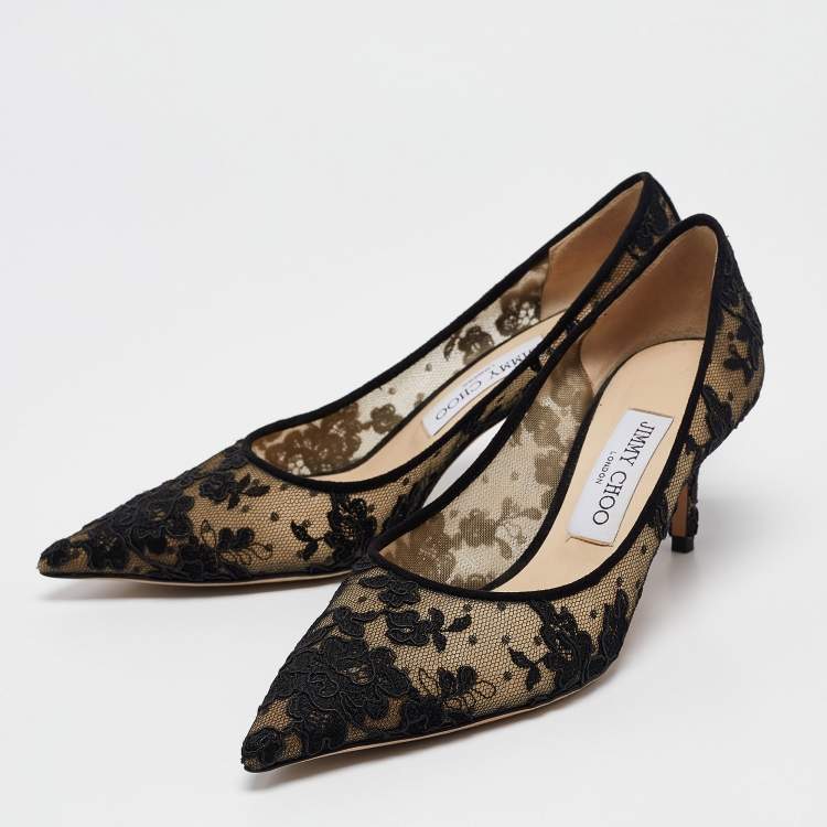 Pre Owned Jimmy Choo Black/Beige Lace and Mesh Love Pumps Size 37.5