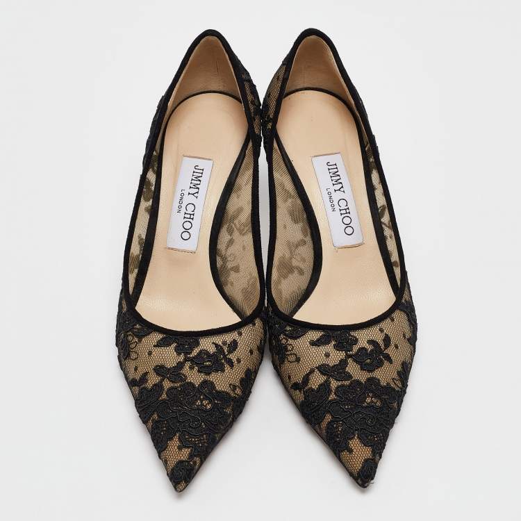 Pre Owned Jimmy Choo Black/Beige Lace and Mesh Love Pumps Size 37.5