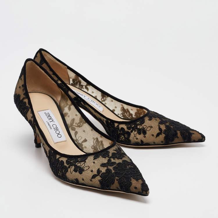 Pre Owned Jimmy Choo Black/Beige Lace and Mesh Love Pumps Size 37.5