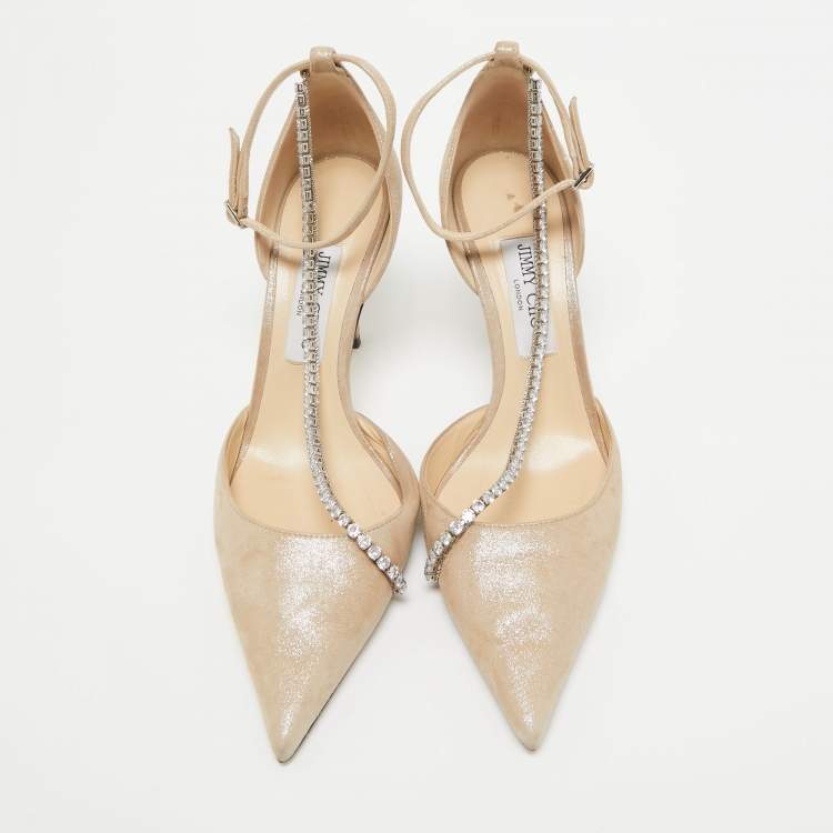 Pre Owned Jimmy Choo Beige Textured Suede Crystal Chain Talika Pumps Size 40