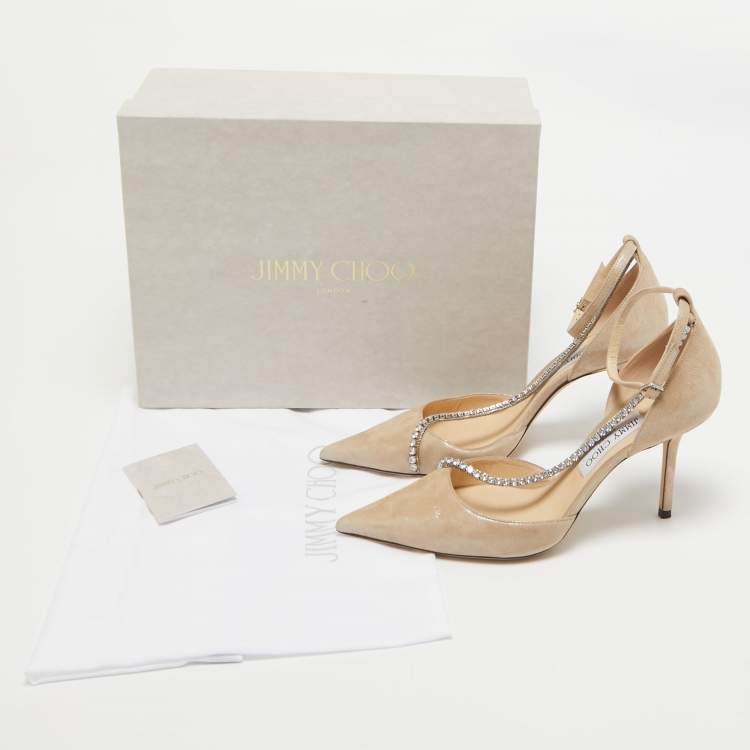 Pre Owned Jimmy Choo Beige Textured Suede Crystal Chain Talika Pumps Size 40